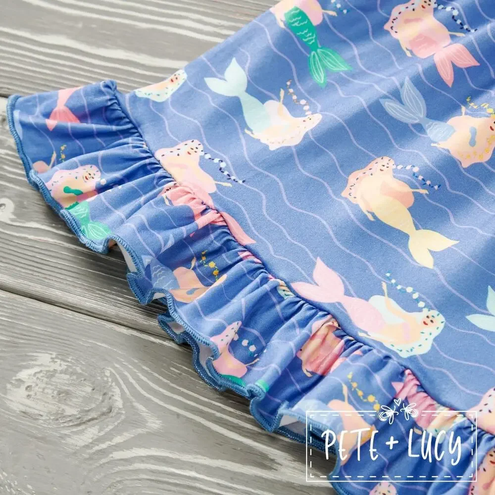 PETE + LUCY Mermaid and Shells Long Sleeve Ruffle Bib Dress 2T